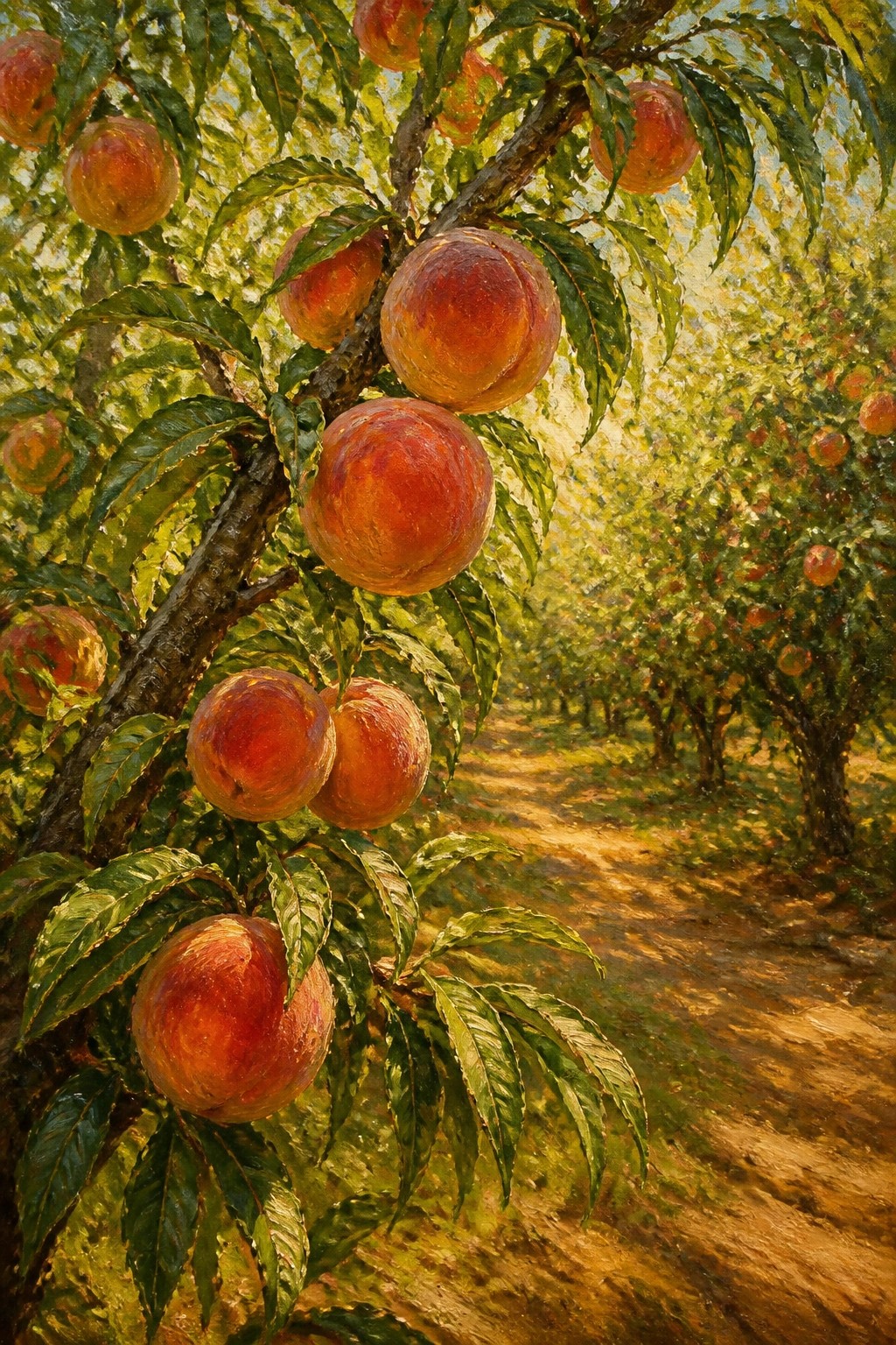 Ripe peaches hang from leafy branches along a sunlit orchard path