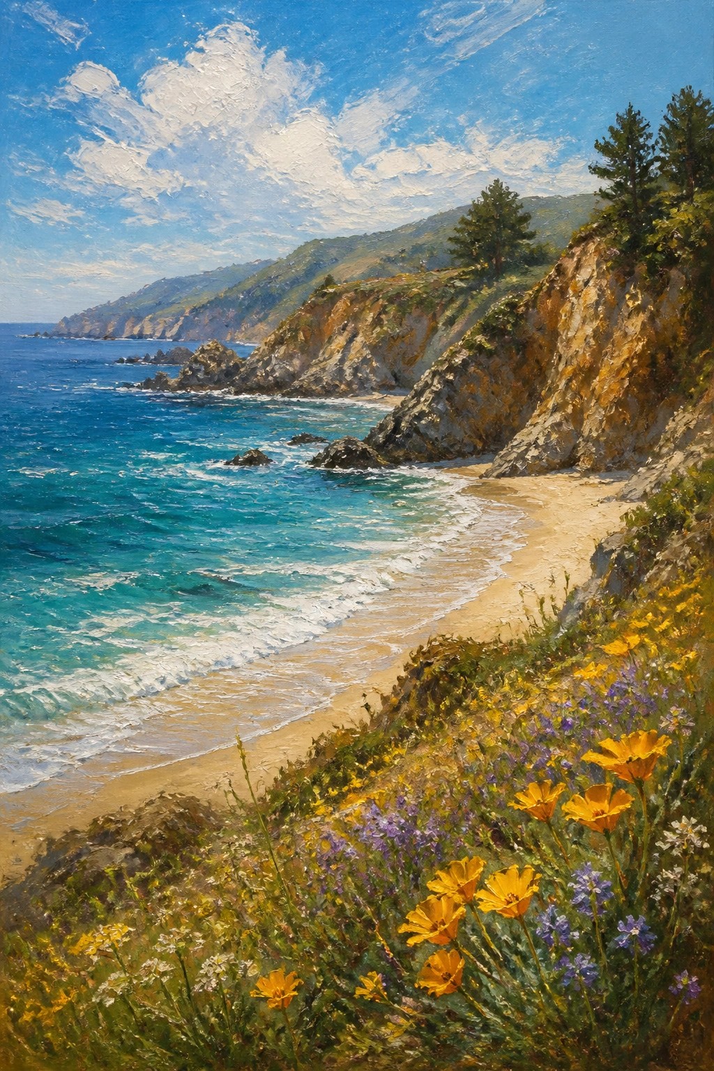 Sunny coastline painting with turquoise waves, sandy beach, cliffs, and wildflowers.