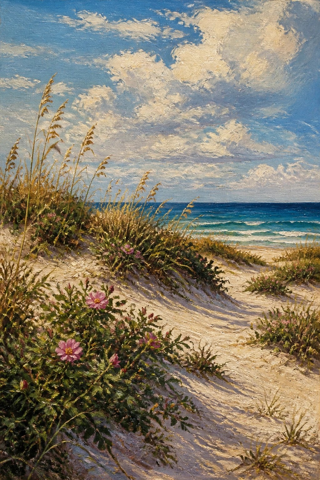 An oil painting of a sandy beach path lined with pink flowers and tall grasses next to the blue ocean under a cloudy sky.