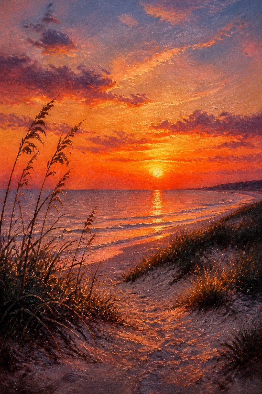Vibrant sunset over ocean from sandy dune path with tall grasses