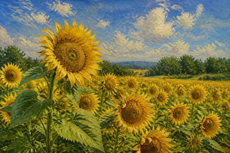 Vibrant yellow sunflowers blooming in a golden field under a blue sky
