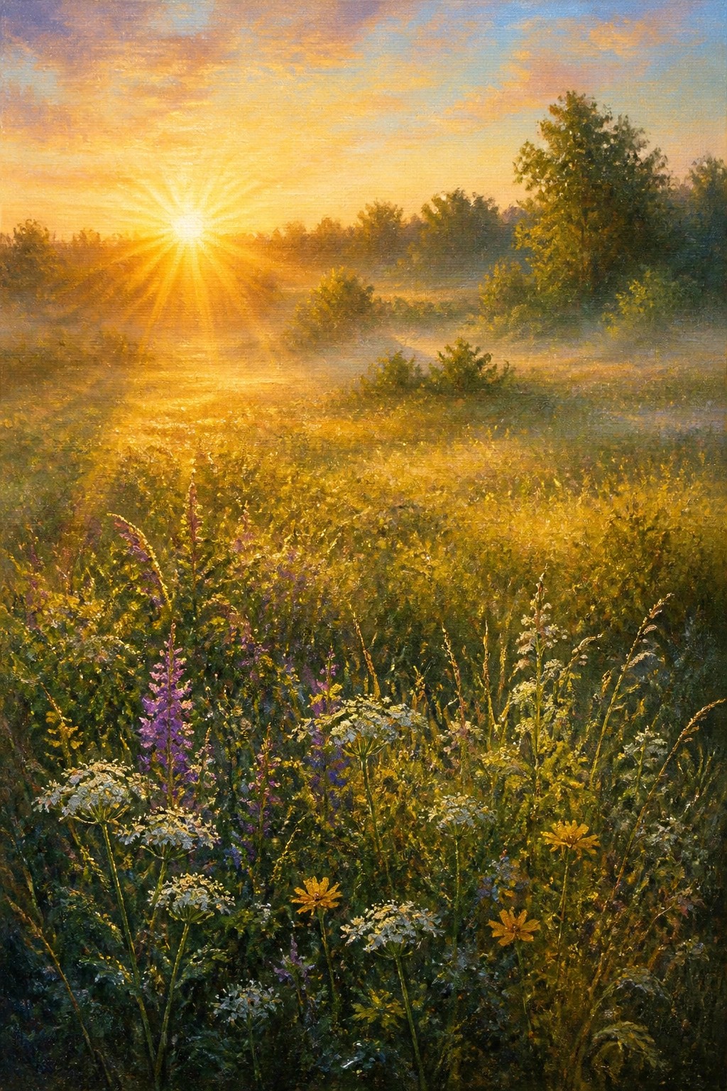 Golden sunrise rays over misty meadow blooming with colorful wildflowers and trees
