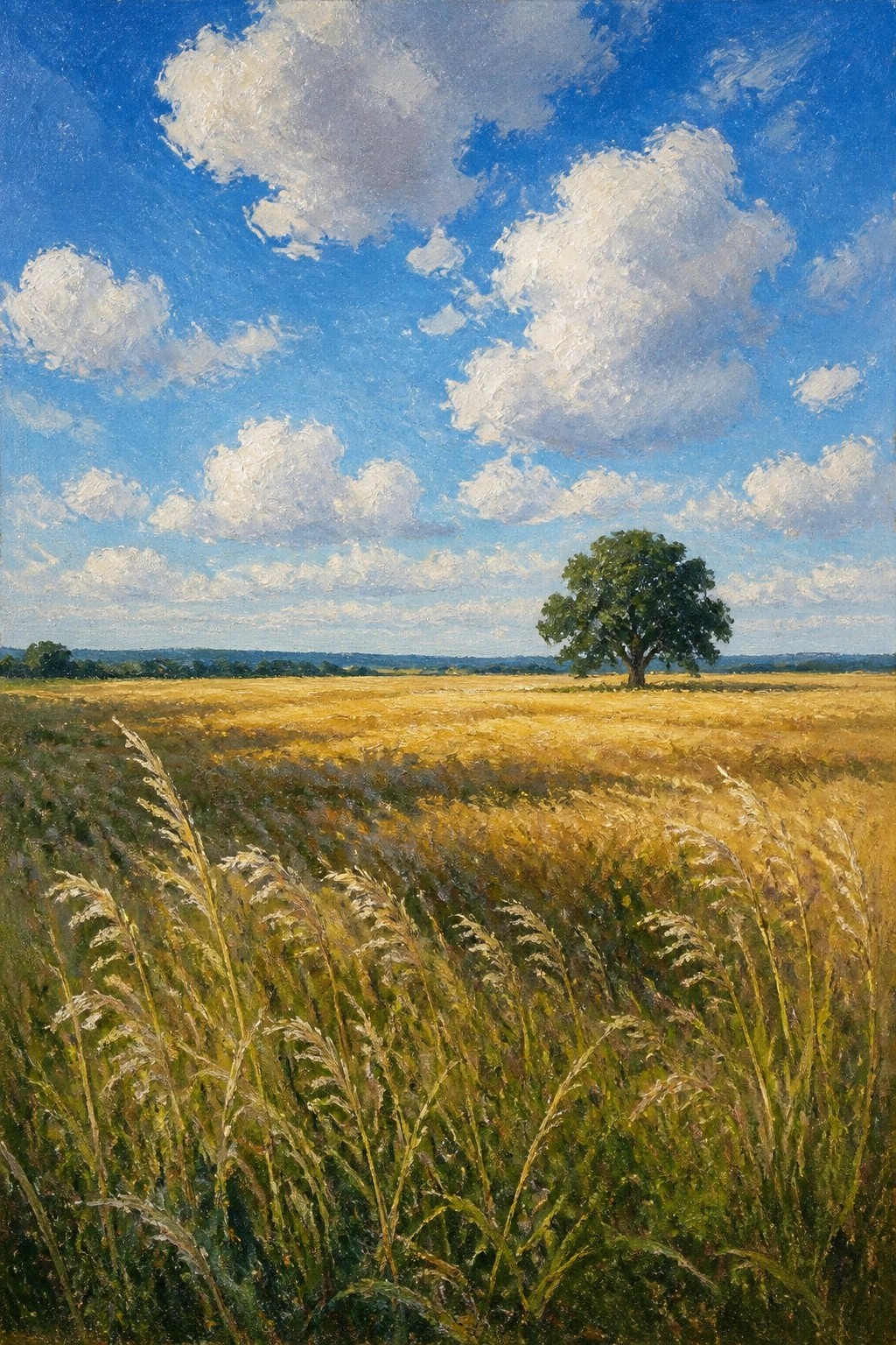 Golden wheat field with lone green tree under blue sky with white clouds