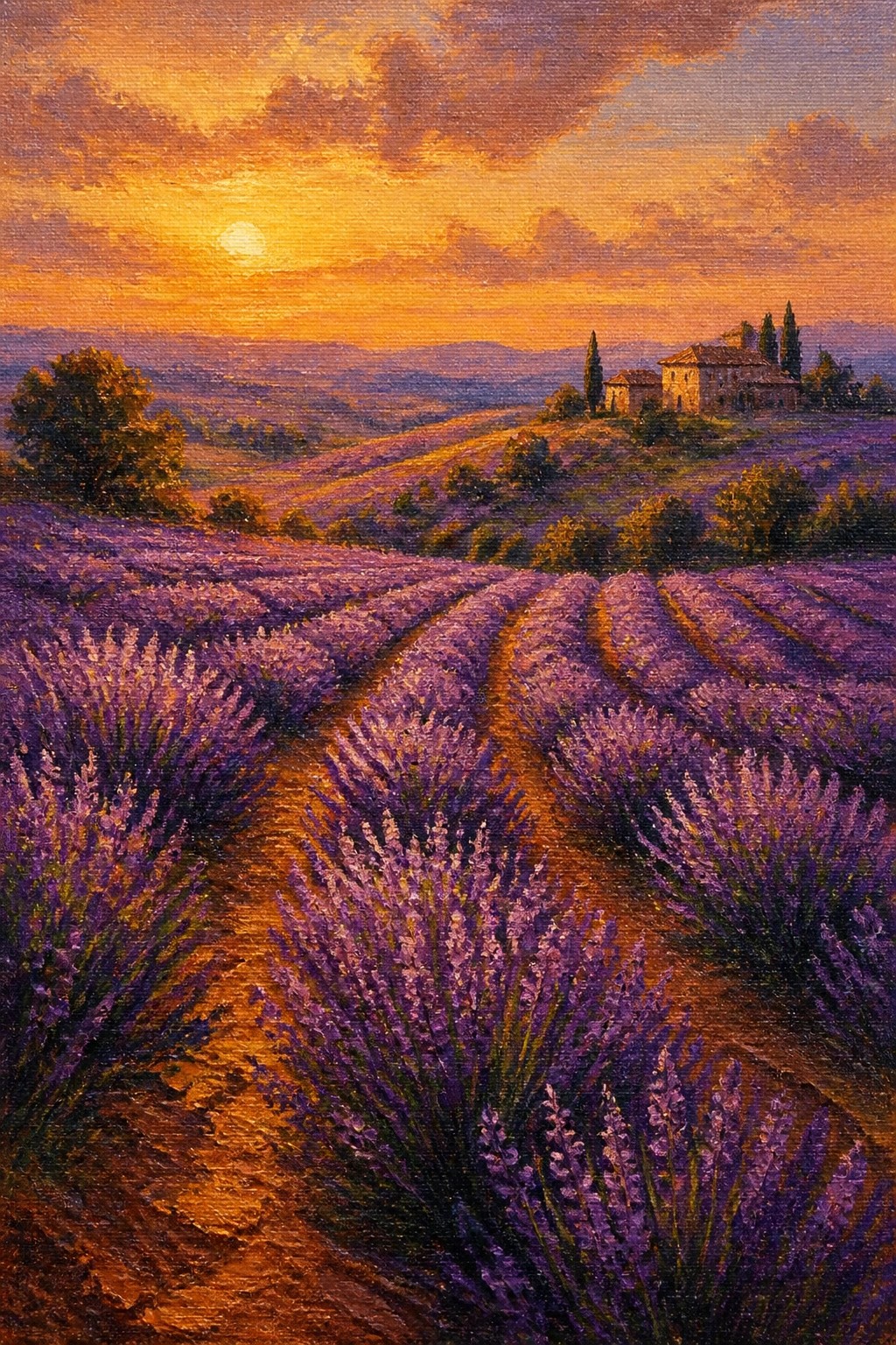 An oil painting of purple lavender fields at sunset with a stone farmhouse on a hill in the background.