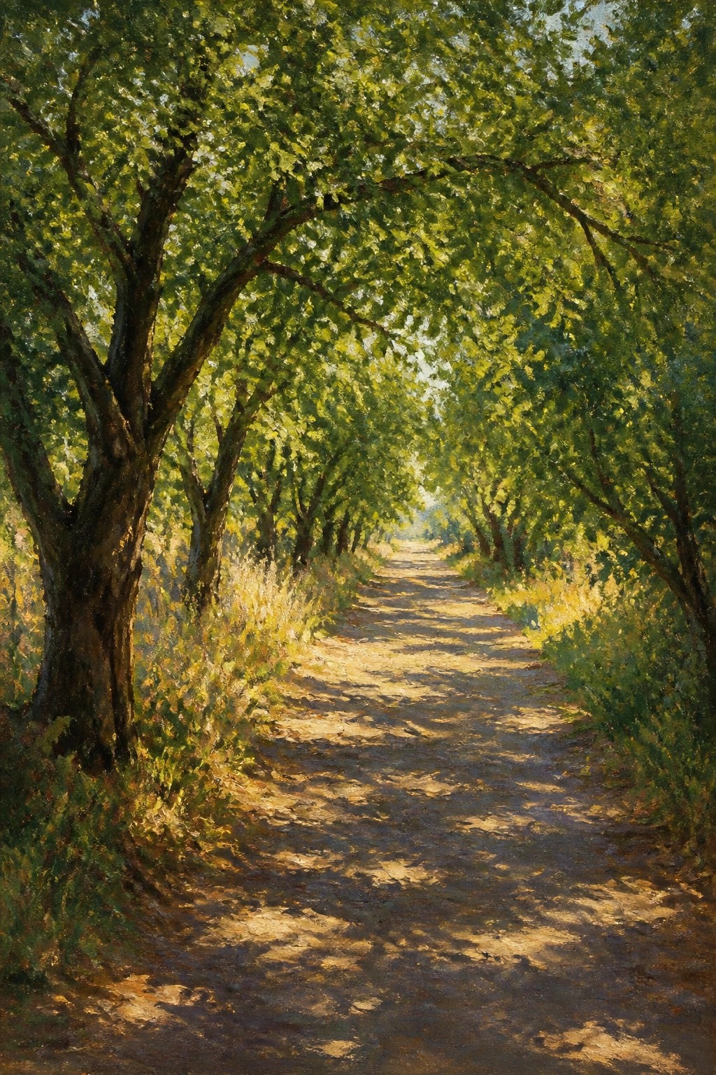A realistic oil painting of a sunlit dirt path winding through a tunnel of green trees with shadows on the ground.