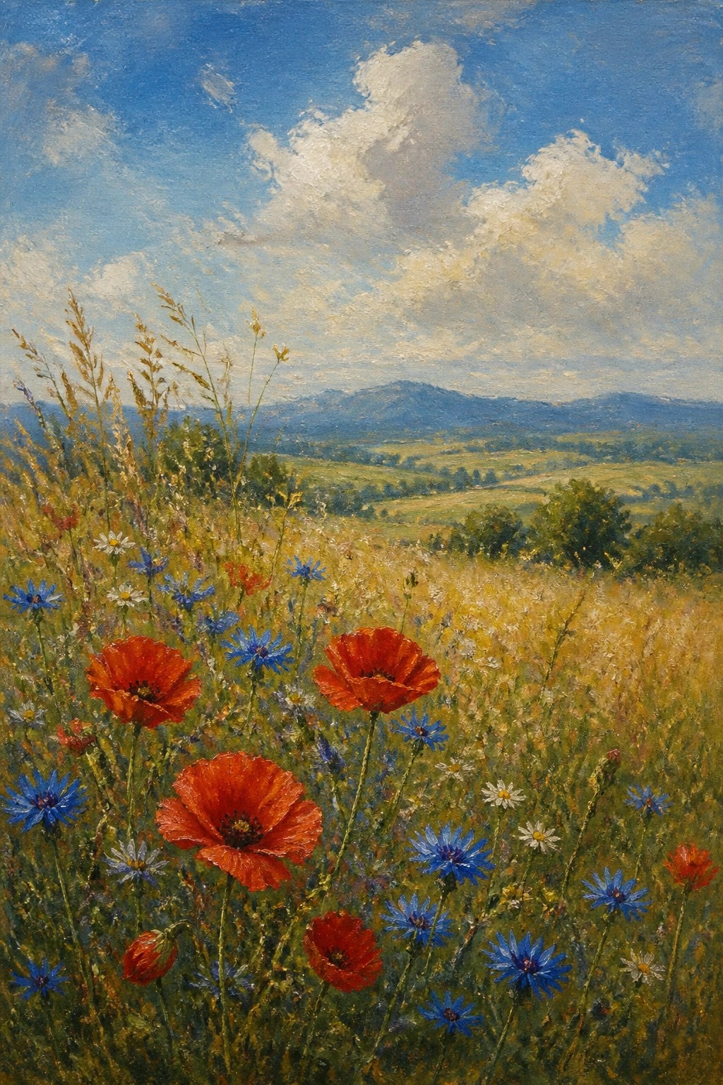 Red poppies and blue cornflowers bloom in a sunny meadow with distant hills.