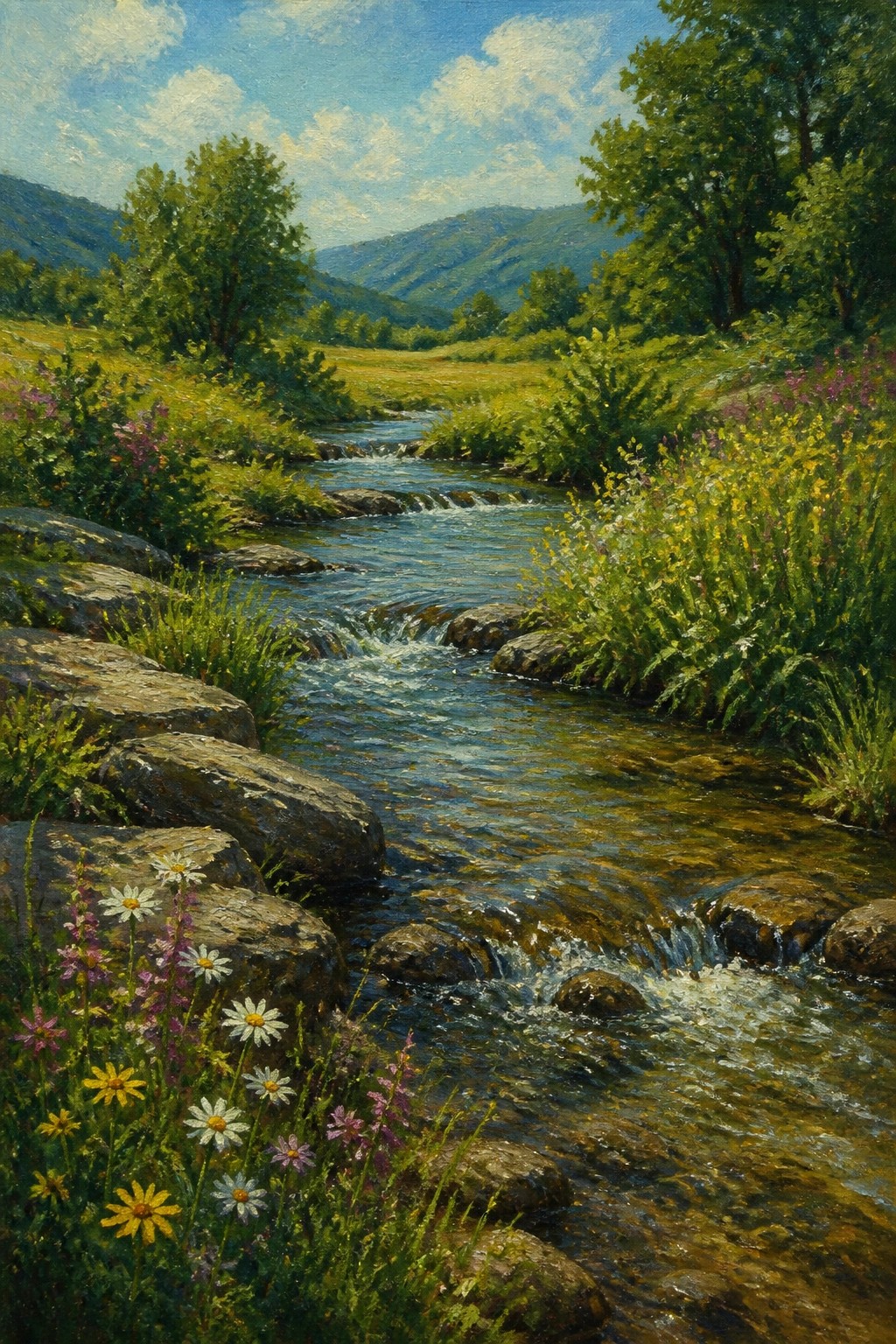 A realistic oil painting of a clear stream flowing over rocks through a sunny meadow filled with colorful wildflowers, with green trees and hills in the background.