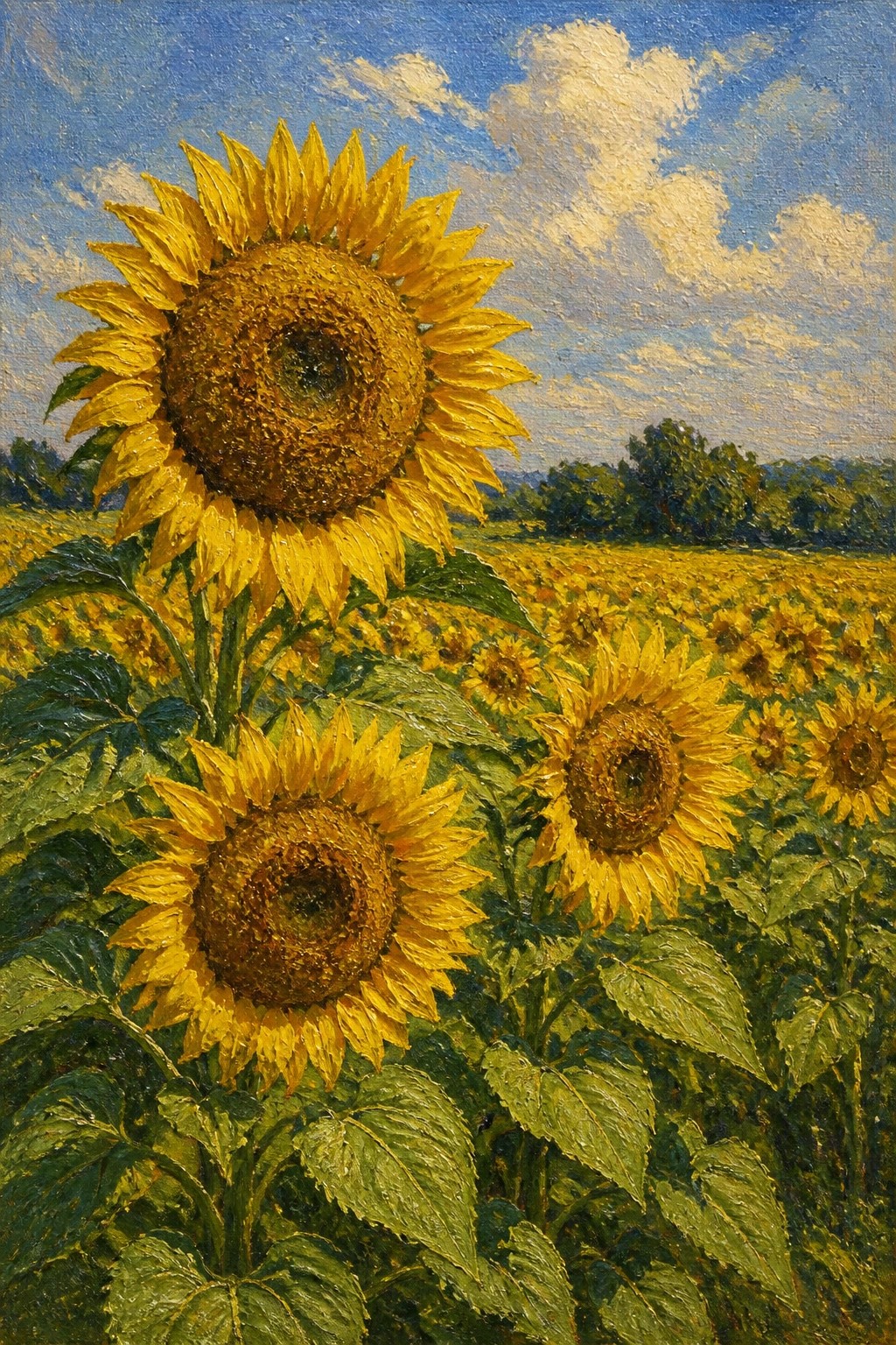 Vibrant yellow sunflowers blooming in a golden field under a blue sky