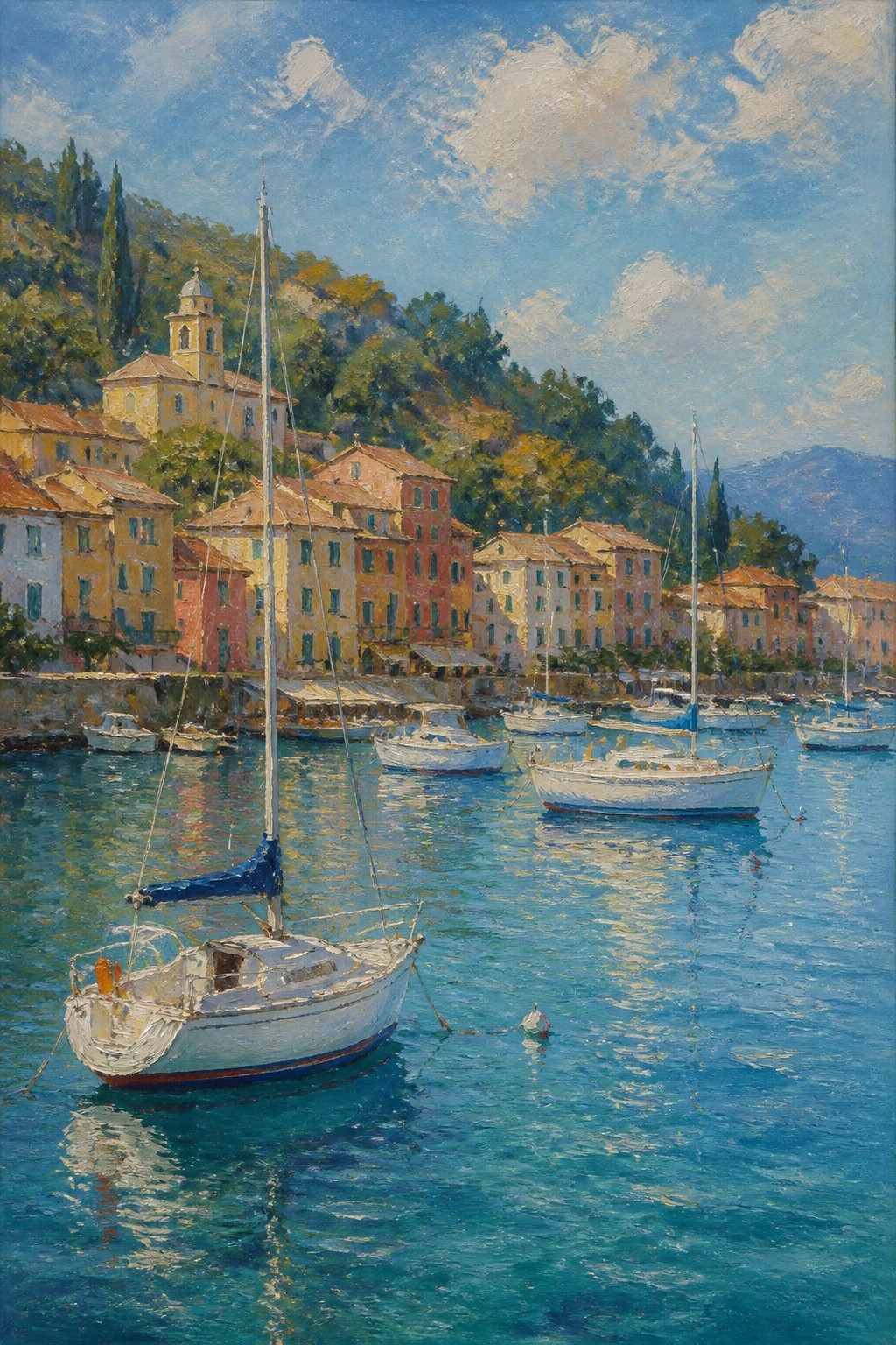 Colorful Mediterranean harbor with sailboats, hillside buildings, and domed church