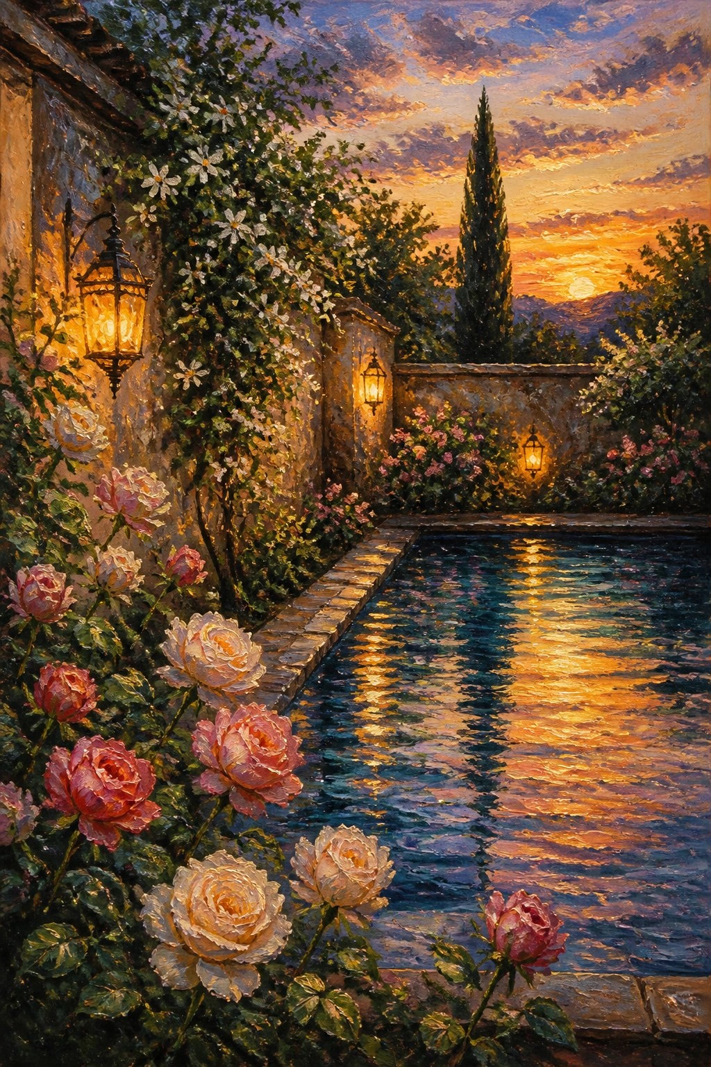 Sunset reflecting in a pool amid blooming roses, lanterns, and stone walls at dusk.