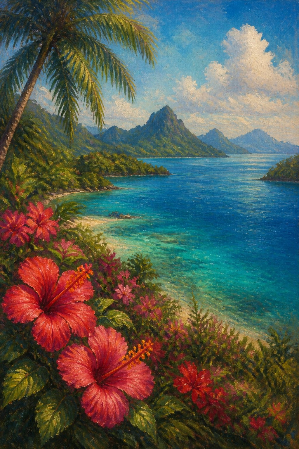 An oil painting shows red hibiscus flowers in the foreground with a palm tree, turquoise bay, sandy beach, and green mountains under a blue sky.