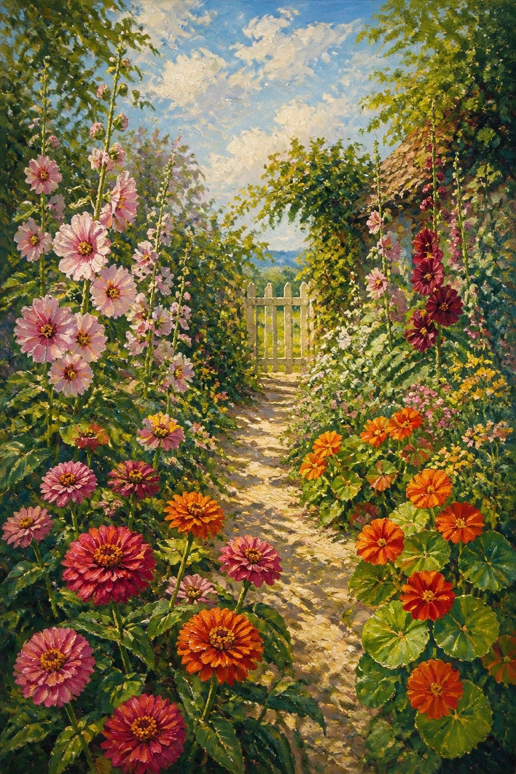 Vibrant painting of colorful flowers lining a path to a white garden gate.