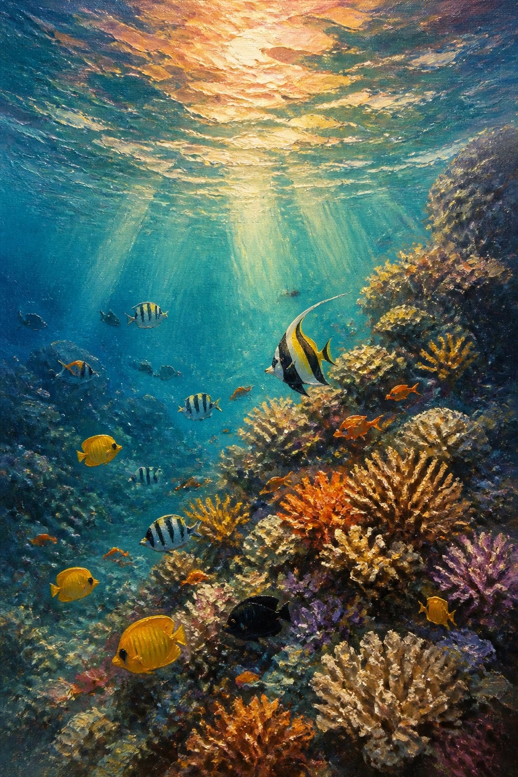 Vibrant coral reef with colorful tropical fish under golden sunlight rays in blue ocean