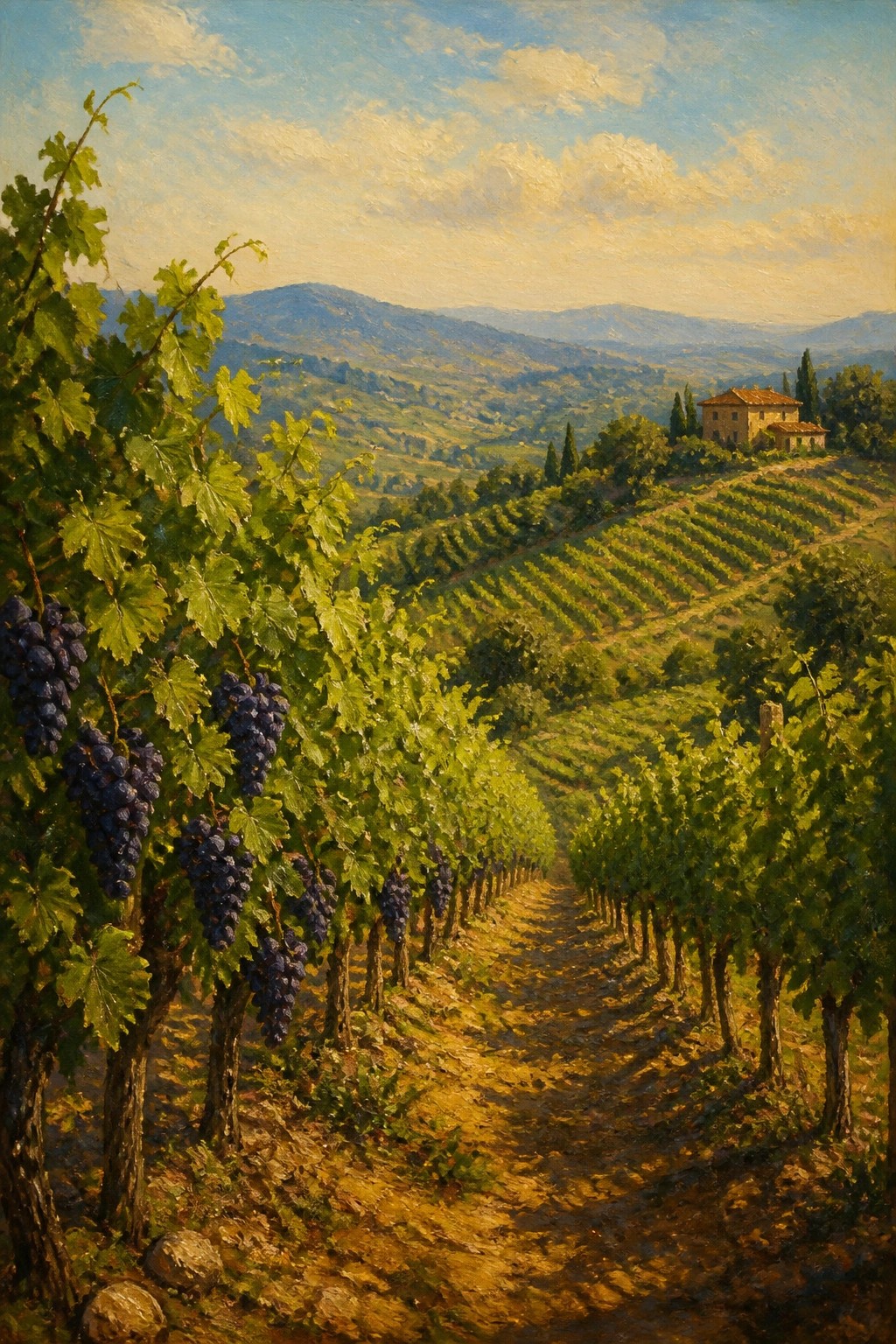 Sunlit vineyard rows with purple grapes, winding path, and distant villa on hills.