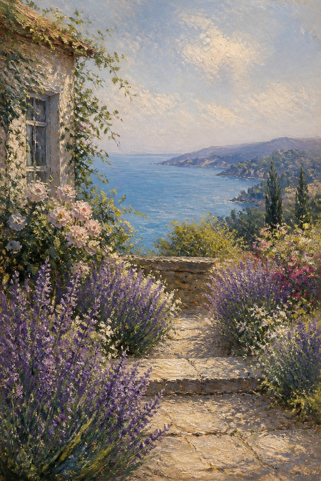 Stone steps amid blooming flowers descend to a scenic blue sea vista.