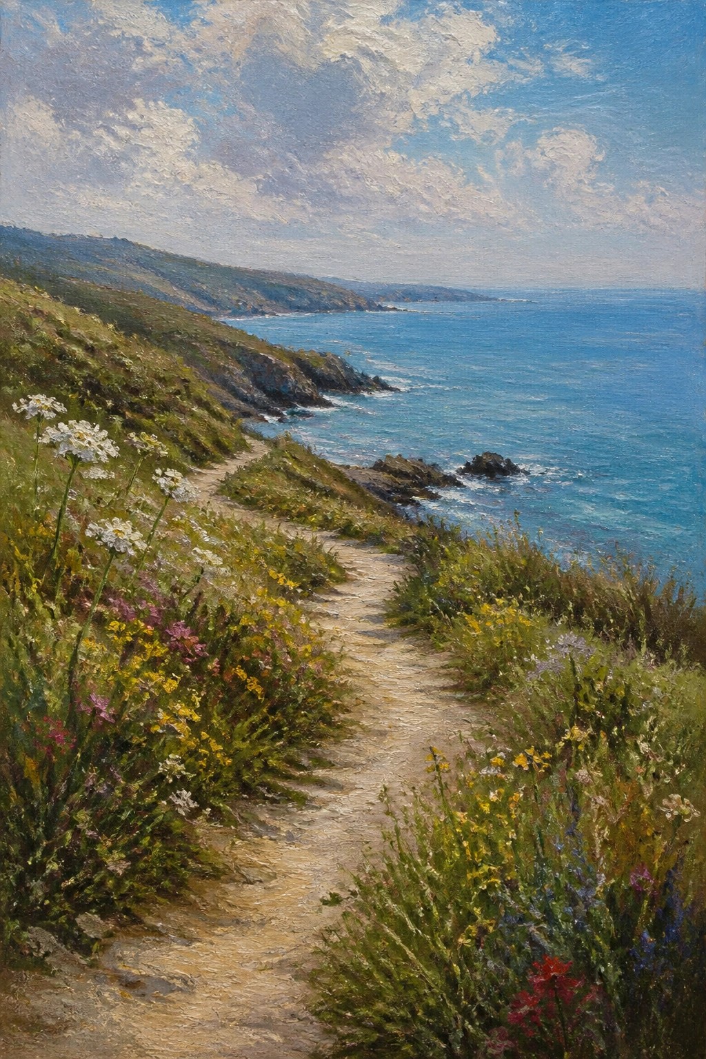 Winding coastal path lined with wildflowers overlooking blue ocean and cliffs.