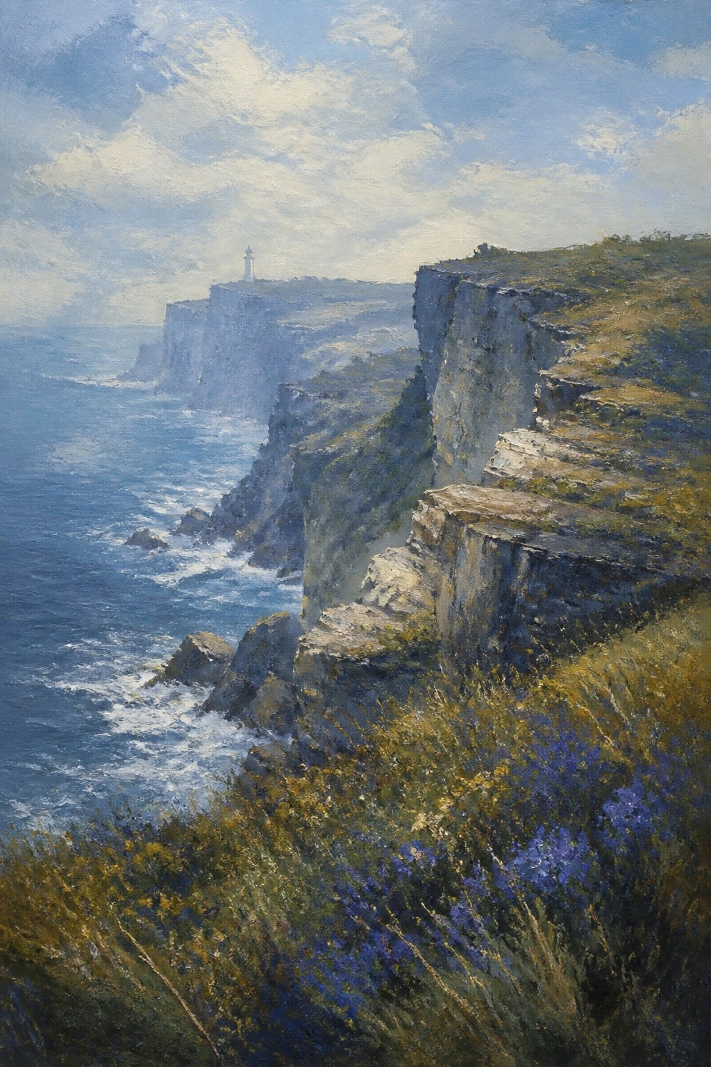 Rugged coastal cliffs overlooking blue ocean waves with distant lighthouse and wildflowers