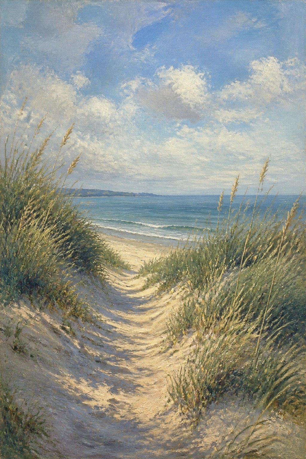 An oil painting of a sandy path through grassy dunes leading to a calm blue ocean under a cloudy sky.