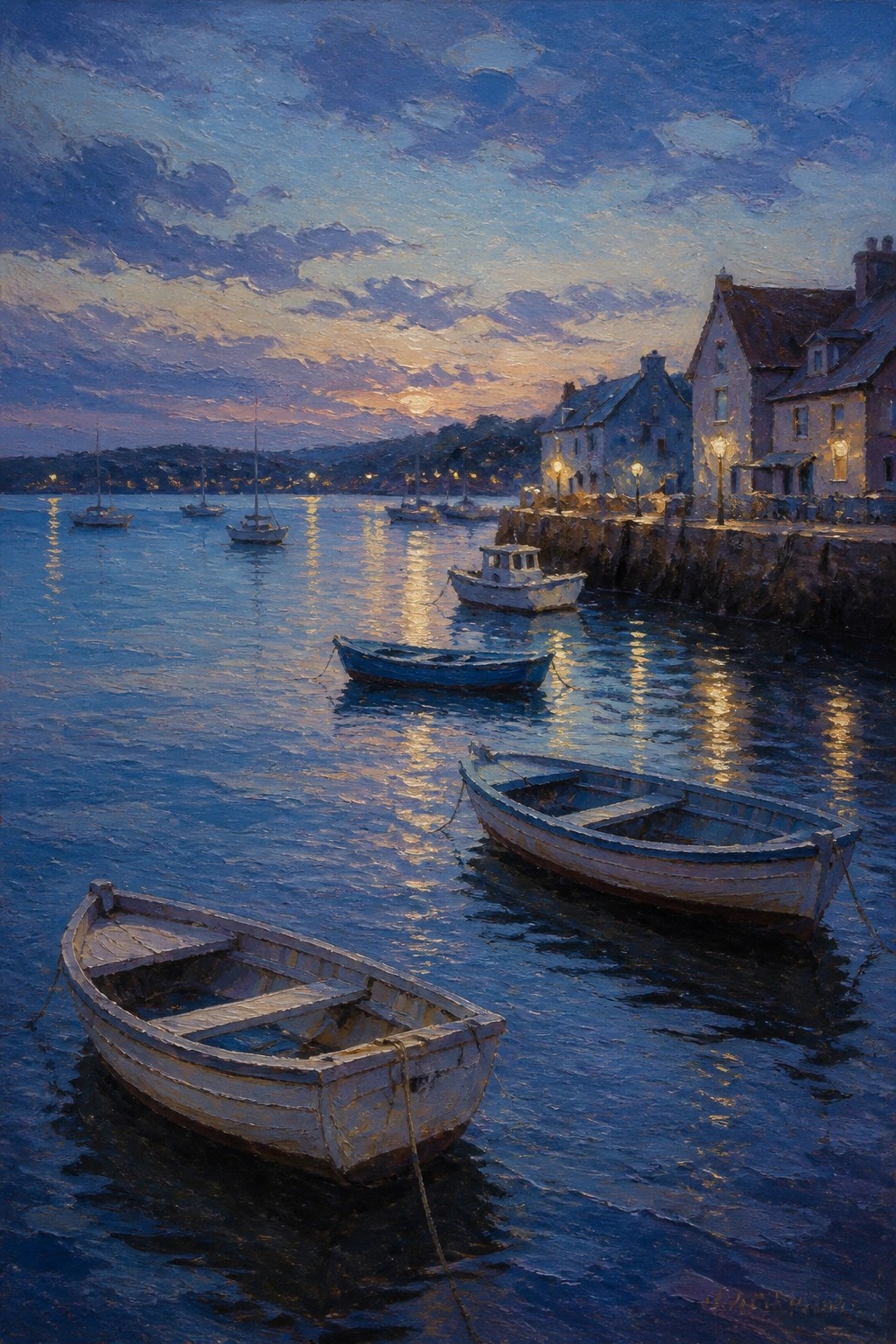 Moored rowboats on calm twilight harbor waters near glowing coastal buildings.