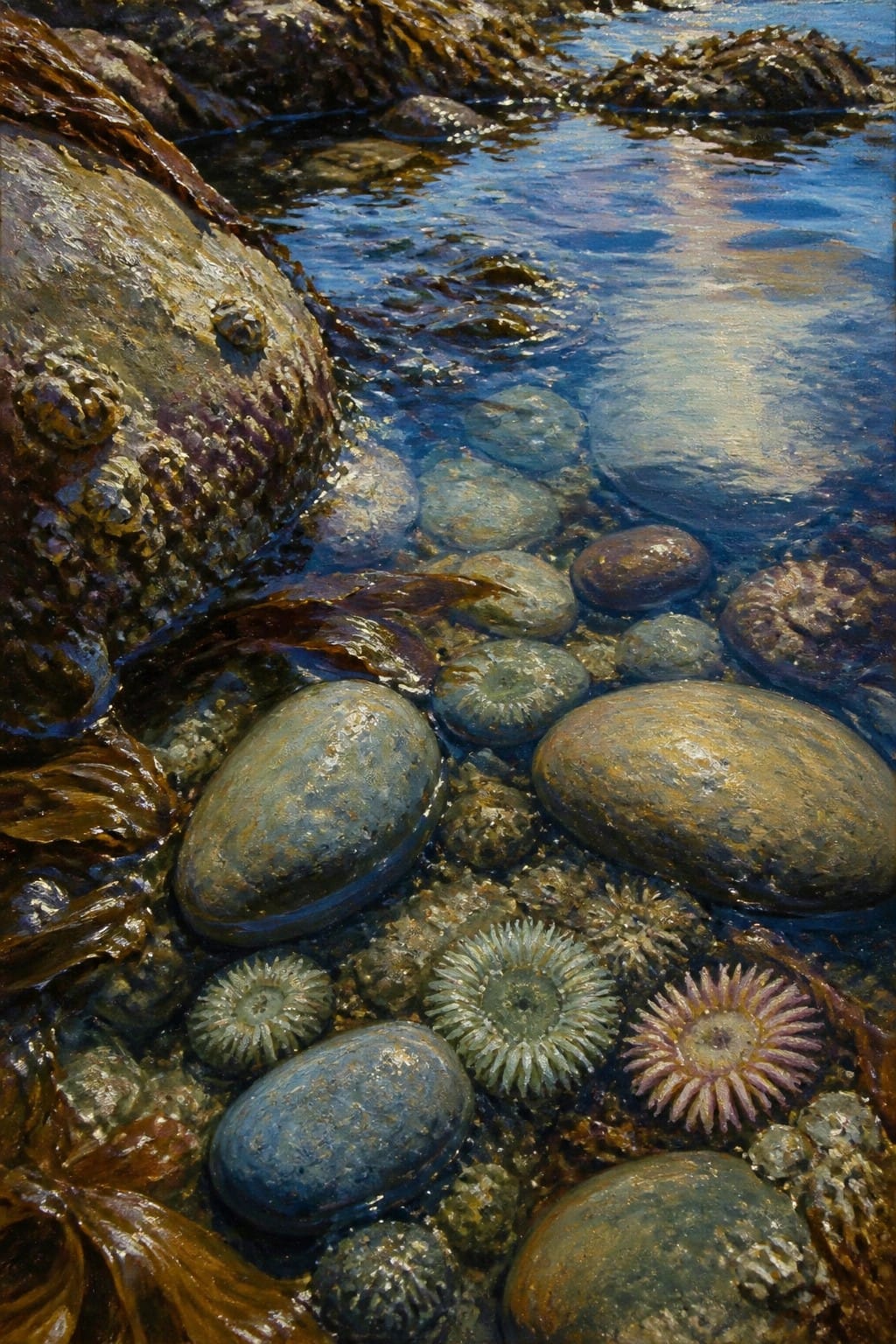 An oil painting of a rocky tide pool showing smooth stones, green sea anemones, brown seaweed, and clear blue water with light reflections.