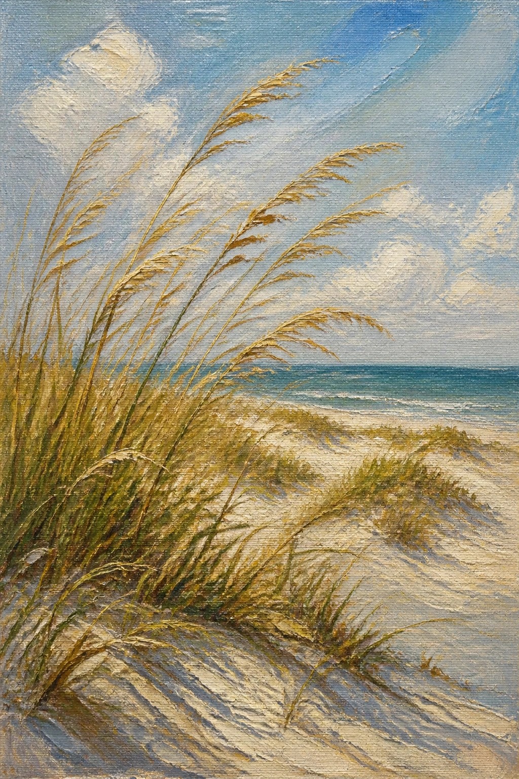 Golden dune grass sways over rippled sand toward turquoise ocean and cloudy sky.
