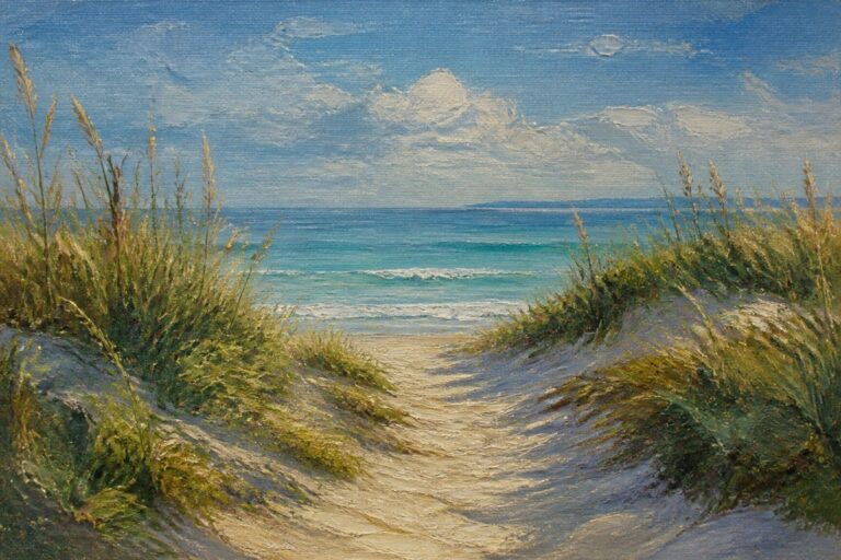 An oil painting of a sandy path through grassy dunes leading to a calm blue ocean under a cloudy sky.