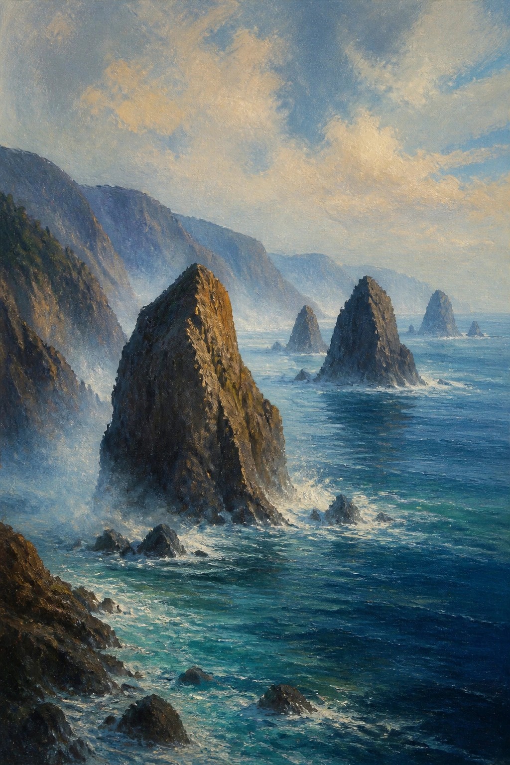 Dramatic rocky sea stacks rise from crashing blue waves along misty coastal cliffs at dawn.