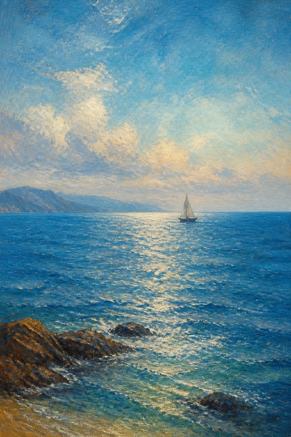 Impressionistic seascape of sailboat on blue ocean with sunlight reflection and rocky shore.