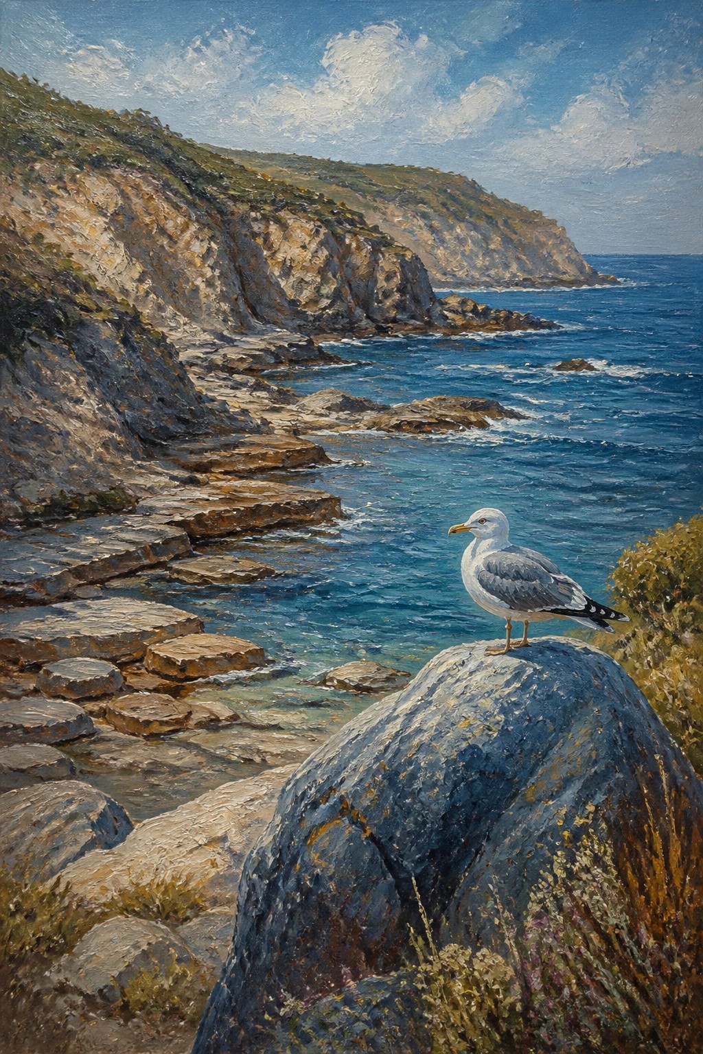 Seagull perched on rock by rugged cliffs and blue ocean under cloudy sky