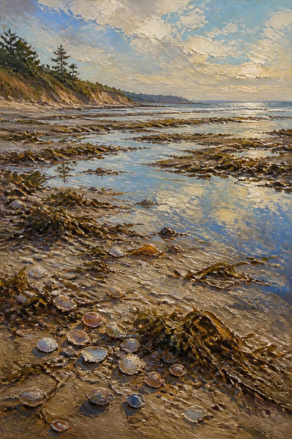 An oil painting of a low-tide beach covered with shells and seaweed, shallow reflective pools, distant cliffs with trees, and blue sky over the ocean.