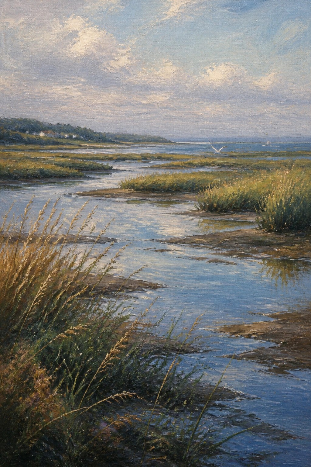 Sunlit coastal marsh with winding blue channels, golden grasses, and flying birds.