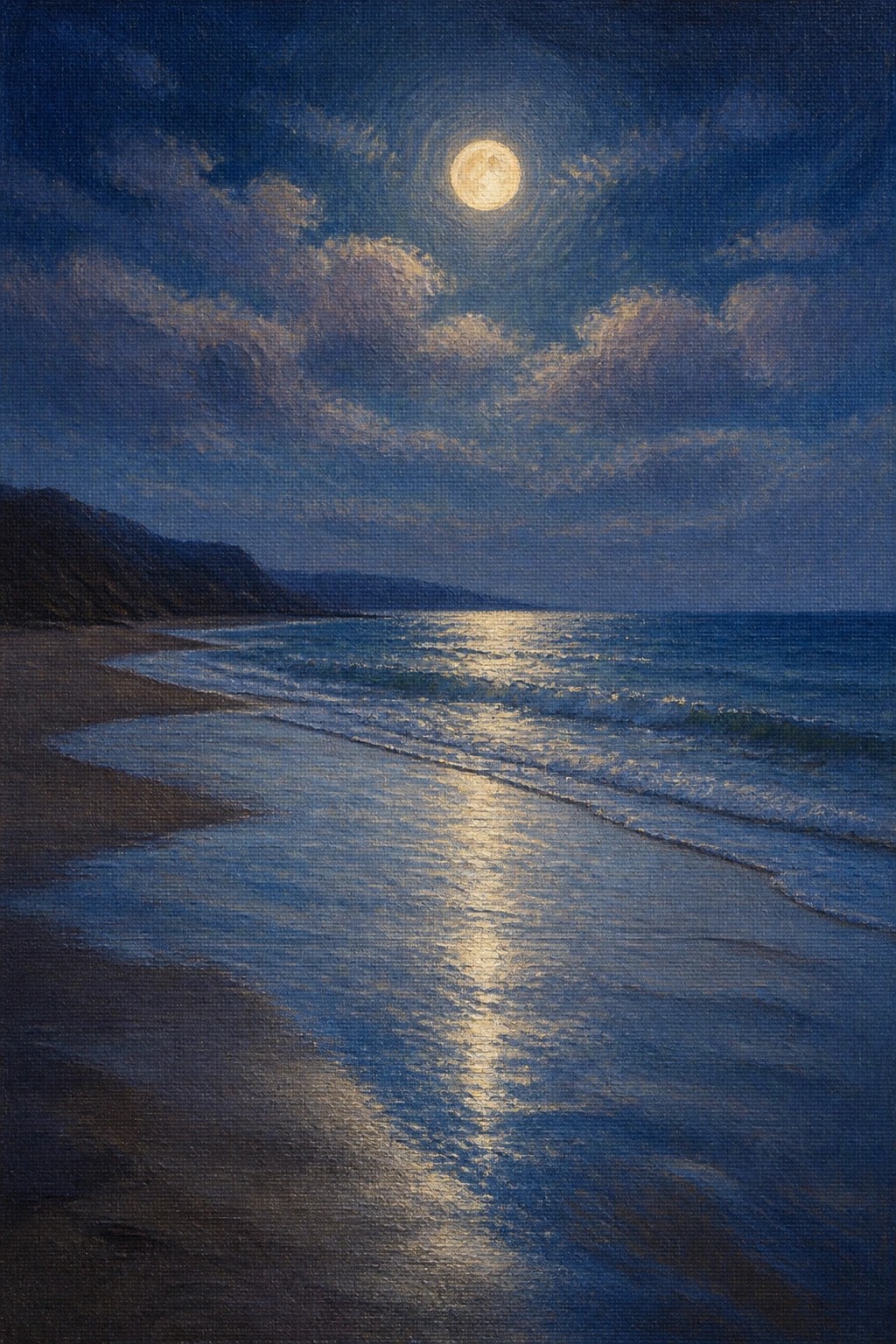 Oil painting of a full moon over the ocean at night with its light reflecting across the waves onto wet sand.