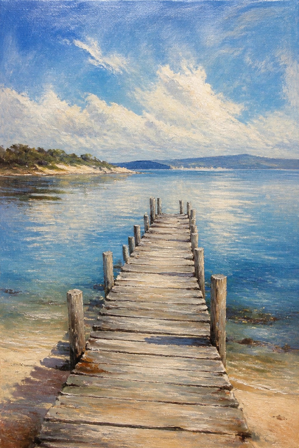Wooden pier stretching into calm blue sea under cloudy sky in oil painting