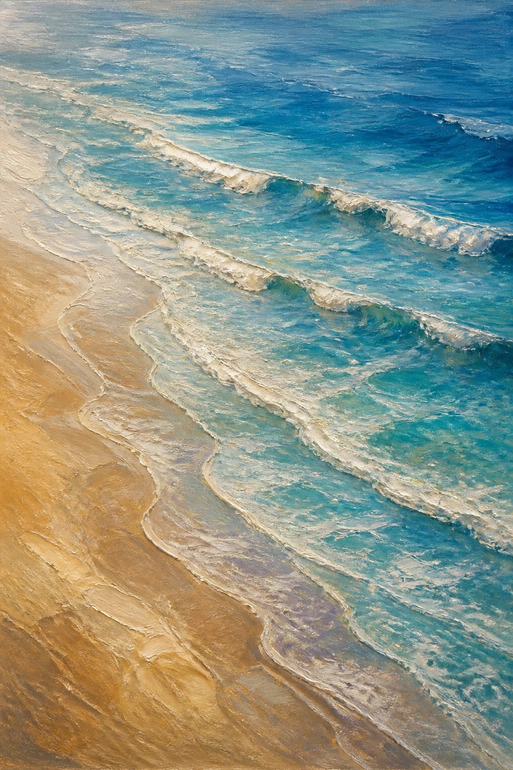 An oil painting of blue-green ocean waves with white foam rolling onto a sandy beach at an angle.