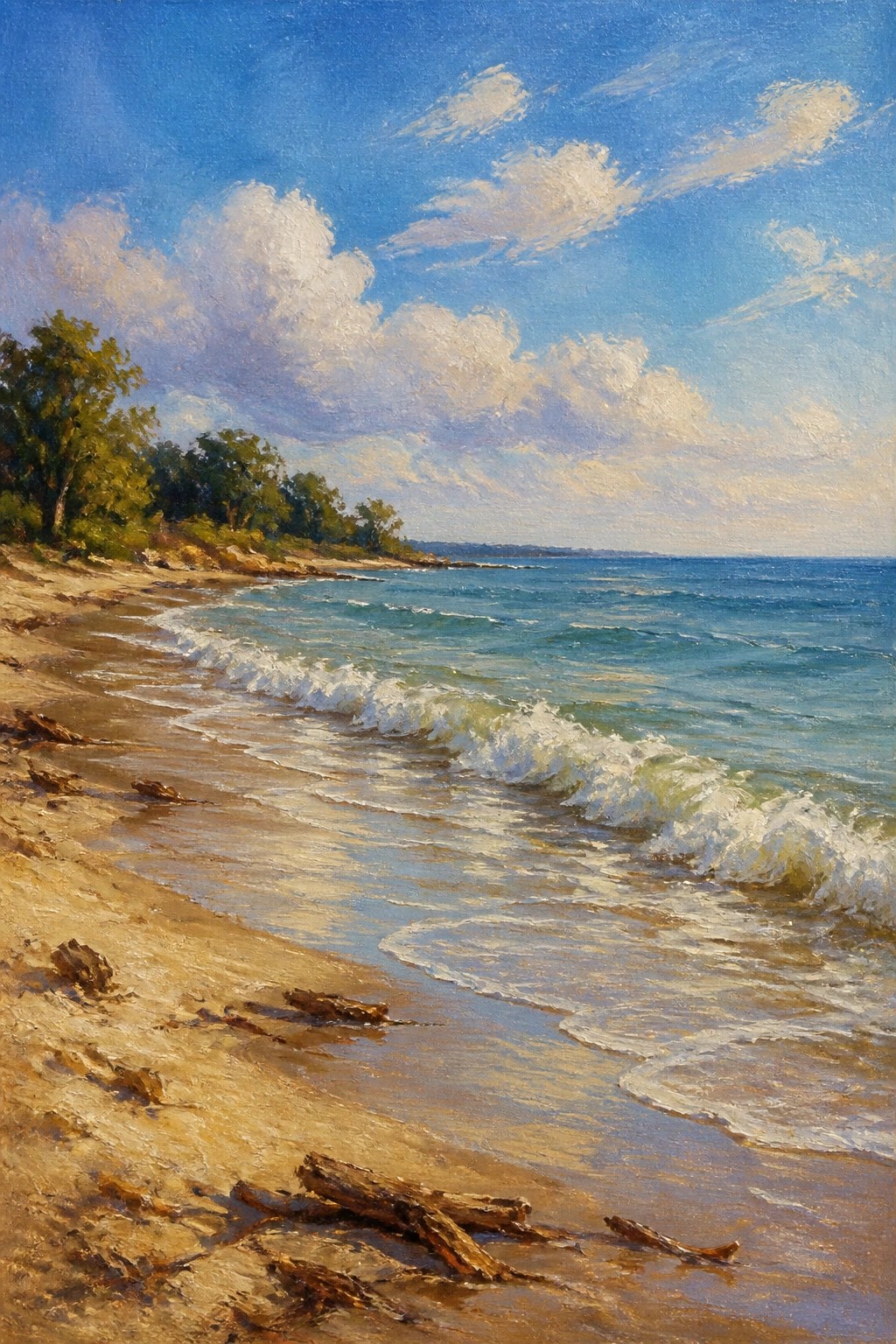 Oil painting of sunny beach with foamy waves, driftwood, trees, and cloudy blue sky.