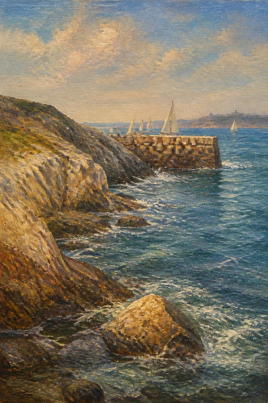 An oil painting shows a rocky coastline with a stone pier jutting into blue water, several sailboats on the horizon, and a distant shore under a soft sky.