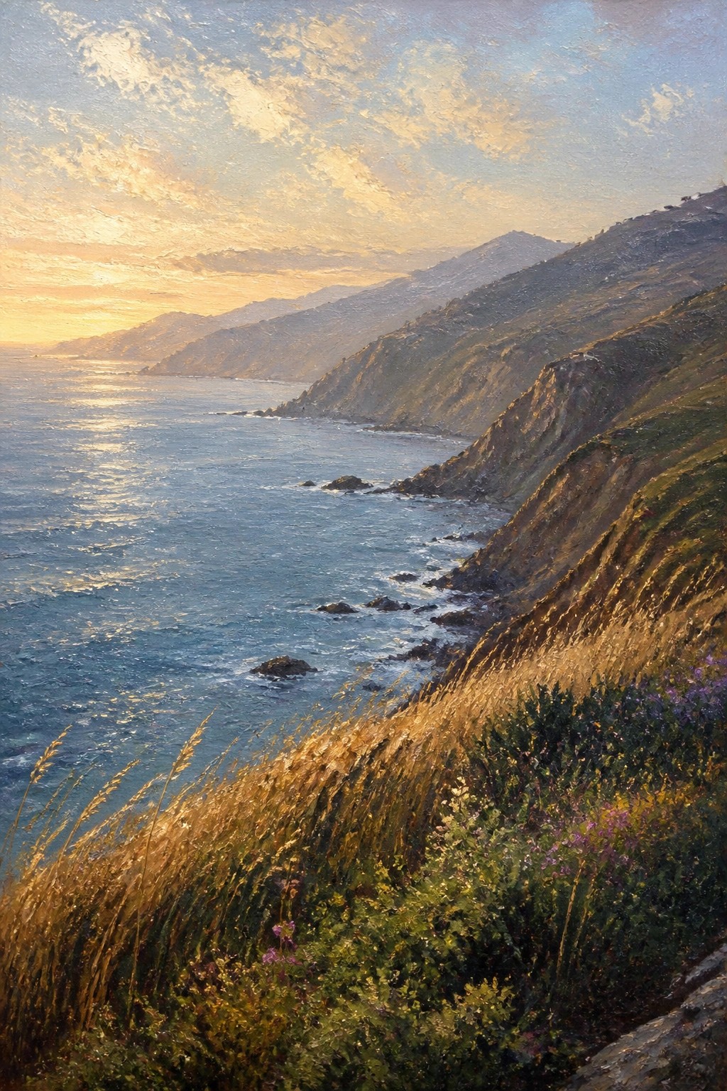 Golden sunset over ocean waves along flower-covered coastal cliffs and mountains.