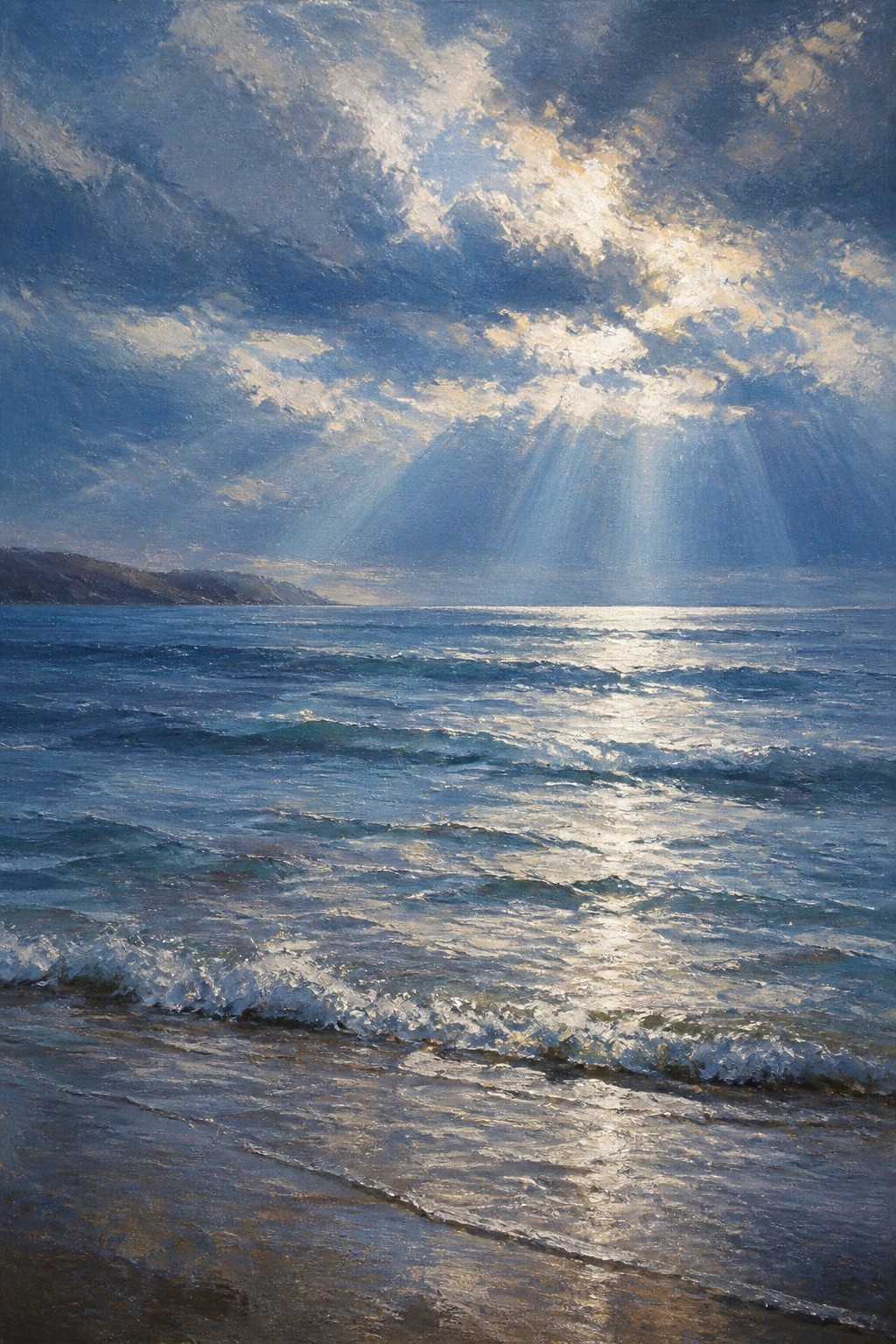 Sunlight rays streaming through clouds over rolling ocean waves at shore