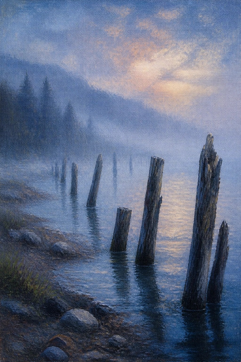 A misty coastal scene with several old wooden posts standing in calm blue water near a rocky shore, with fog-covered hills and trees in the background.
