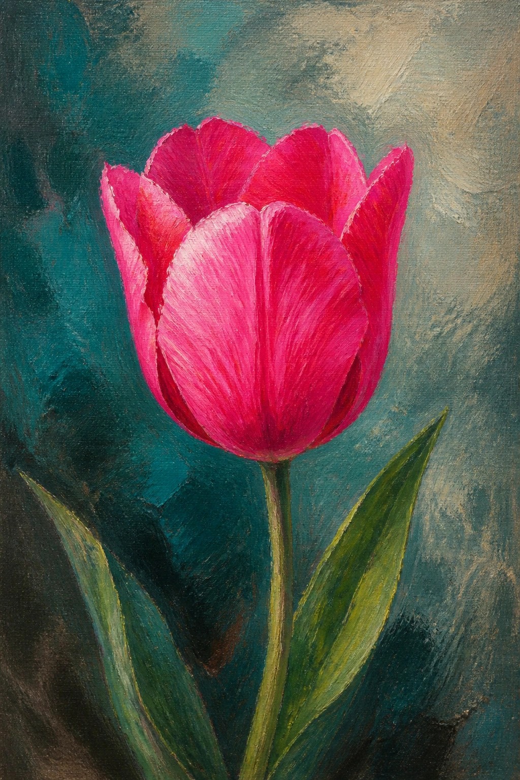 A realistic oil painting of a bright pink tulip with a green stem and leaves against a dark teal and brown textured background.