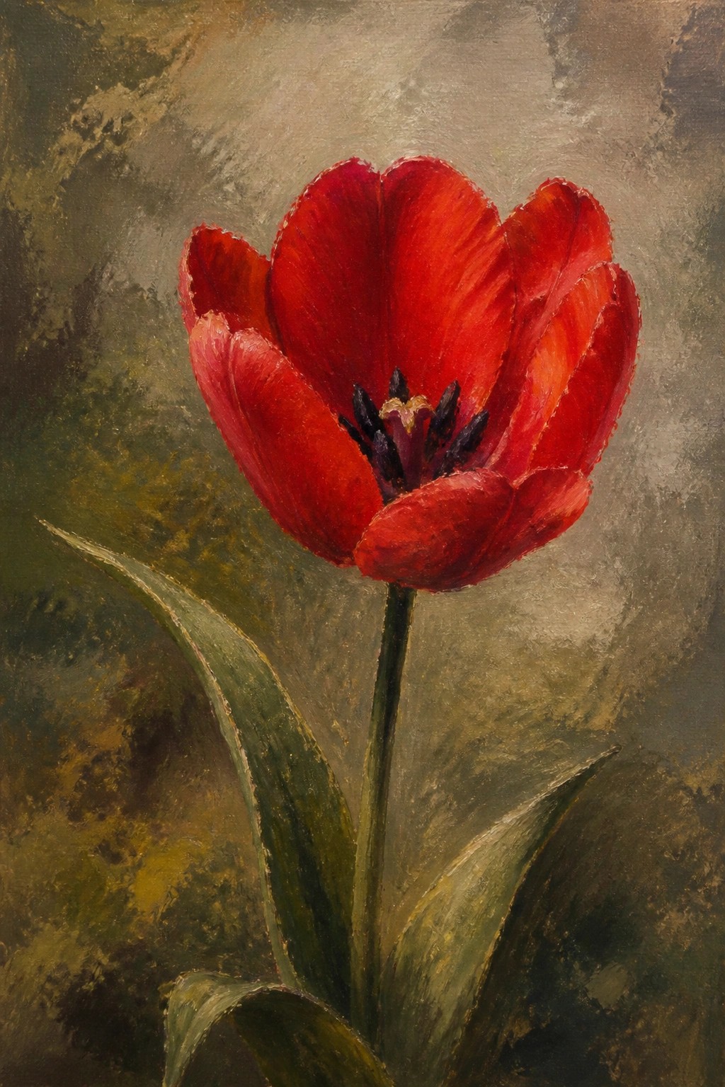 Vibrant red tulip with textured petals, dark center, and green leaves on muted background