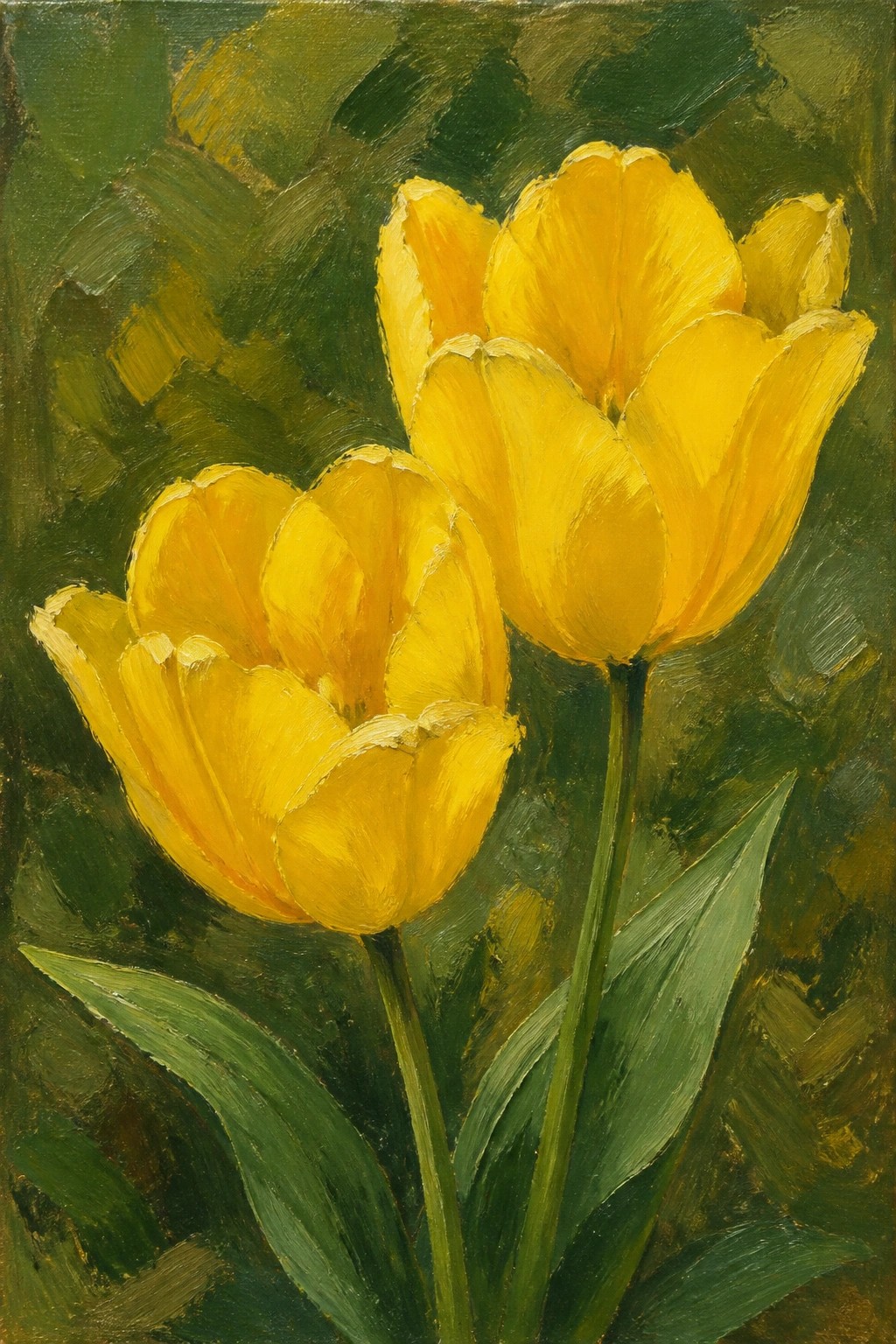 An oil painting of three yellow tulips with green leaves against a dark green background.