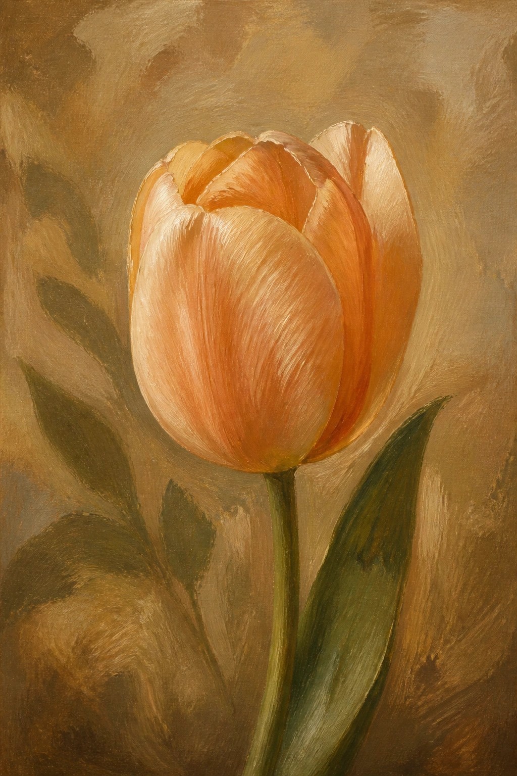 Peach-orange tulip with layered petals on green stem against brown backdrop.