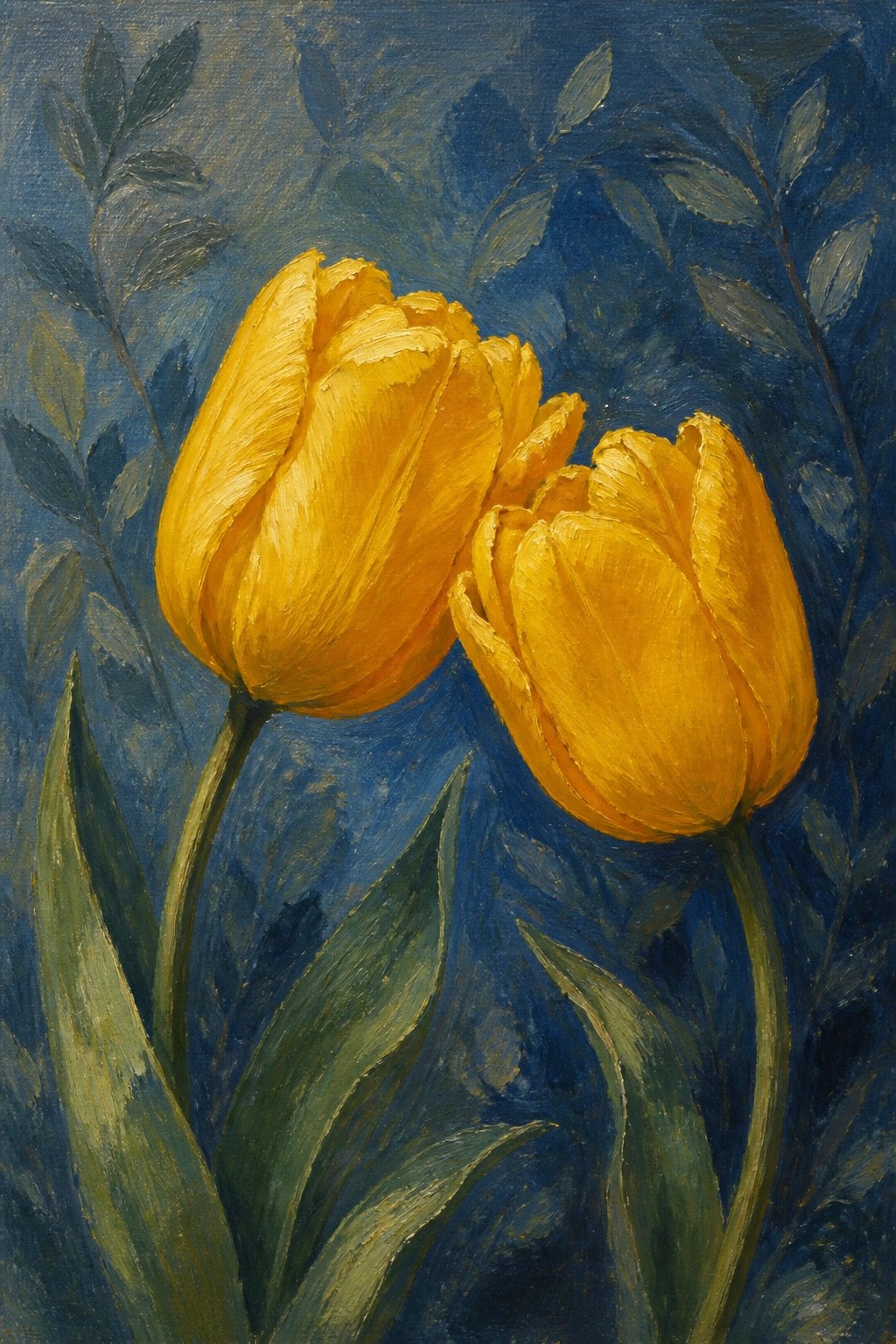 Two yellow tulips with green leaves painted in oil against a blue background.