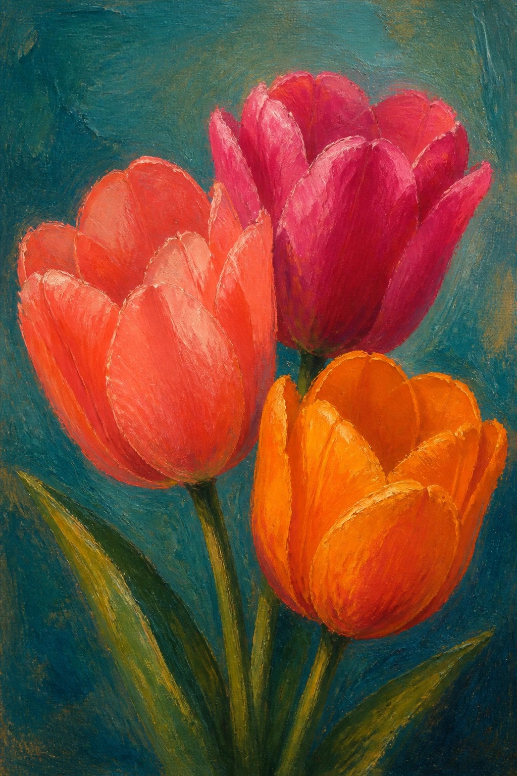 Three vibrant tulips in red, pink, and orange with green stems on blue background.