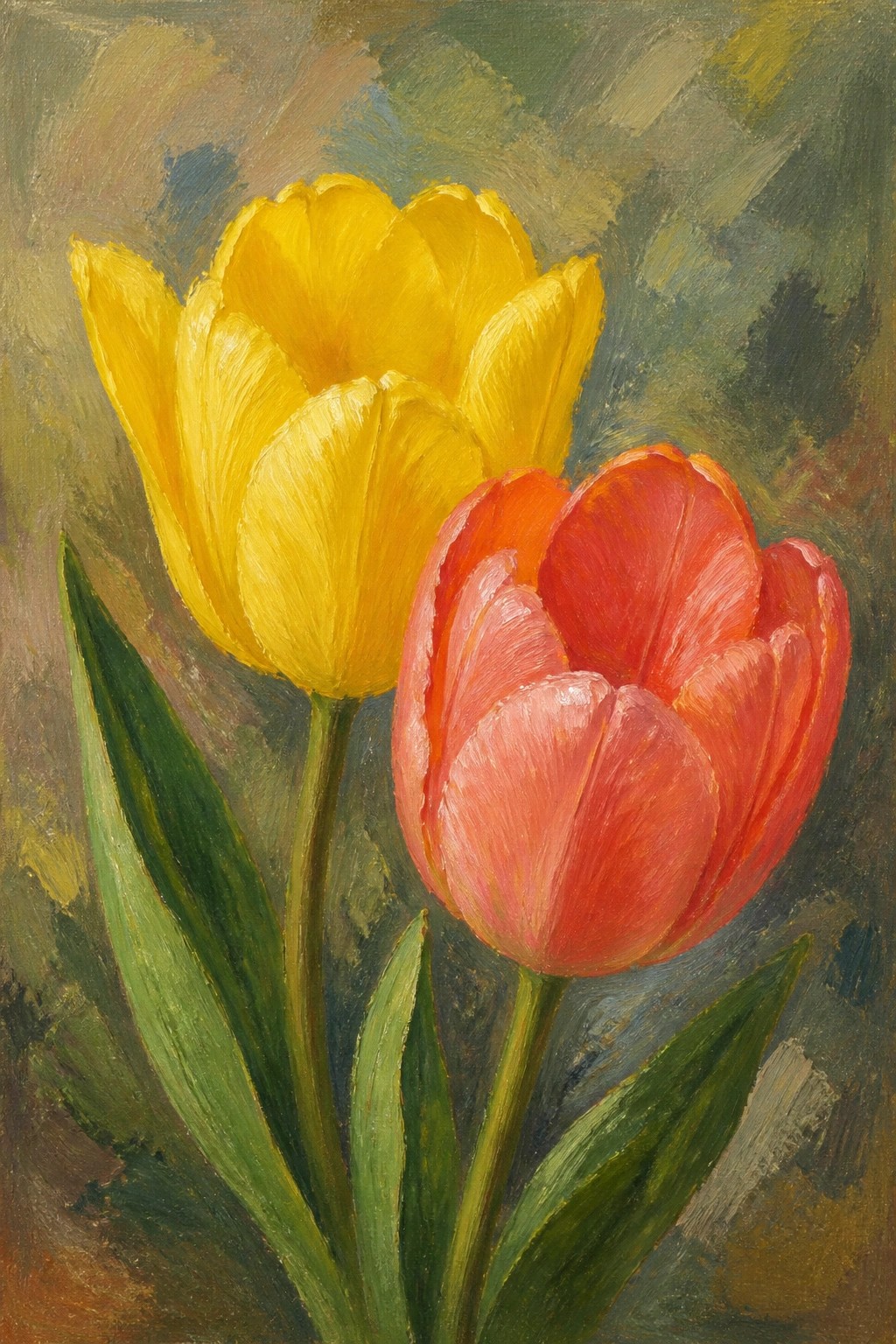 Yellow and red tulips with green leaves in textured oil painting.