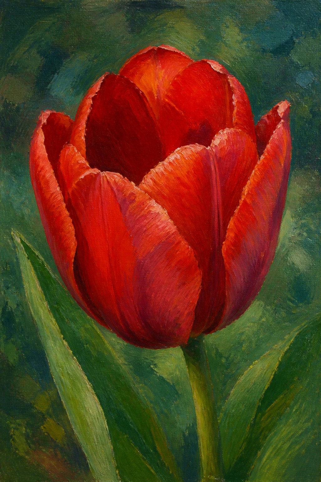 Vibrant red tulip with layered petals on green stem against dark background.