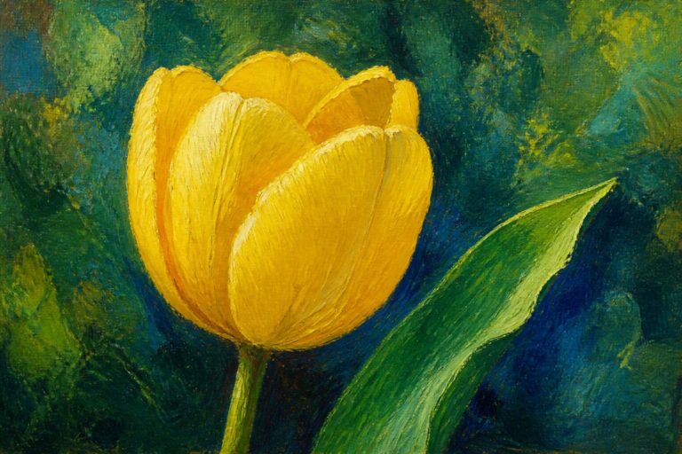 20 Chic Tulip Oil Painting Ideas Using Simple Petals and Bright Color Vivid yellow tulip with green leaf against dark blue and orange abstract background