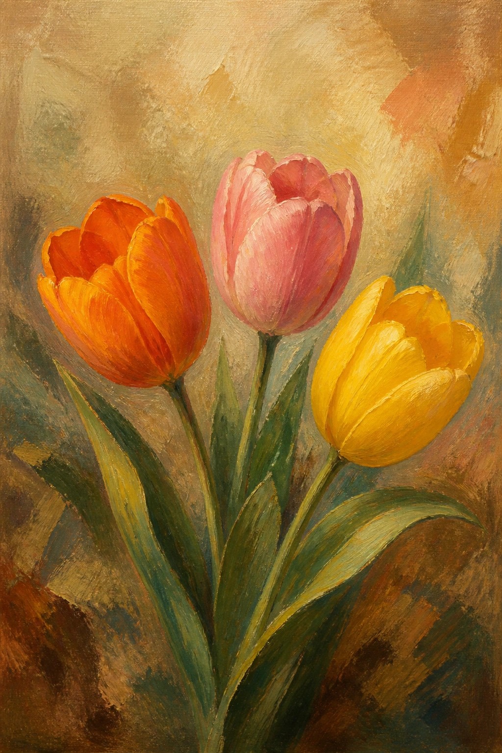 An oil painting of three tulips in orange, pink, and yellow with green leaves on a textured brown and gold background.