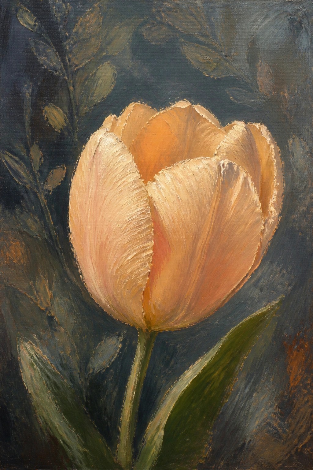 Large peach tulip with layered petals on green stem against dark foliage
